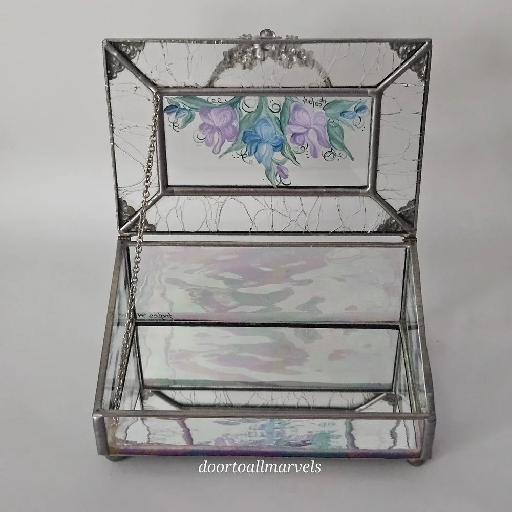 VTG Hand Painted Iridescent Glass Case Jewelry Box Signed Ingles '94 Art Nouveau